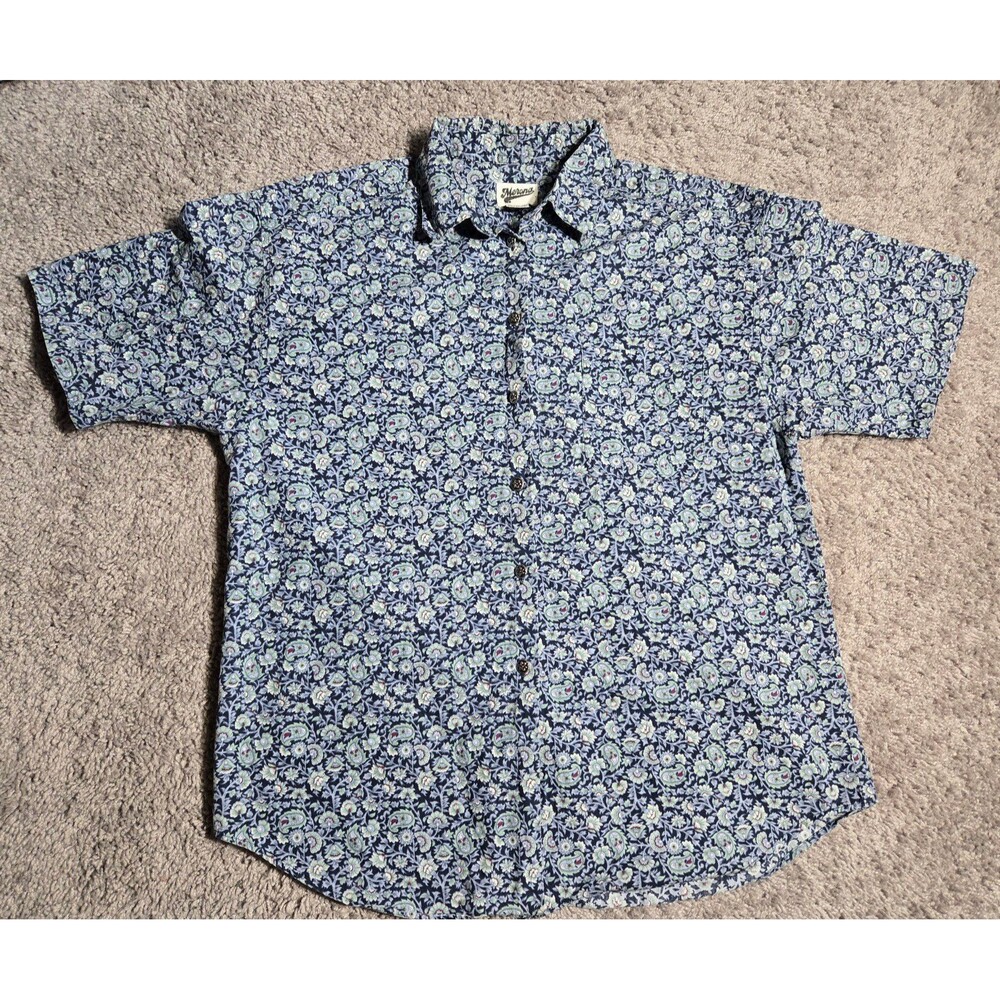 Vintage Y2K MERONA Button Short Sleeve Shirt Paisley Floral Women's Large Blue